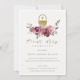 BURGUNDY GOLD FLORAL FIRST HOLY COMMUNION INVITE BEDANKKAART