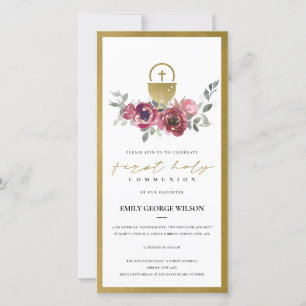BURGUNDY GOLD FLORAL FIRST HOLY COMMUNION INVITE BEDANKKAART