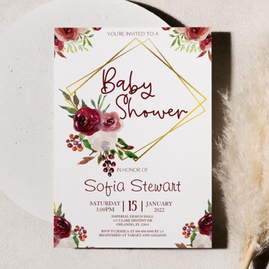 Burgundy Gold Floral Flower Lijst Baby shower Kaart