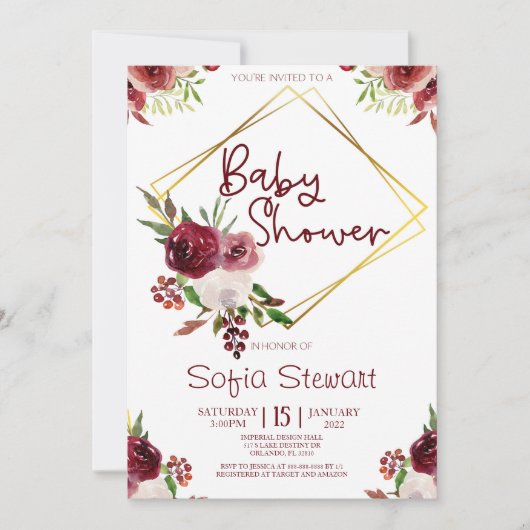 Burgundy Gold Floral Flower Lijst Baby shower Kaart (Voorkant)