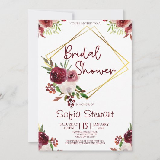 Burgundy Gold Floral Flower Lijst Vrijgezellenfees Kaart (Voorkant)