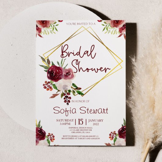 Burgundy Gold Floral Flower Lijst Vrijgezellenfees Kaart