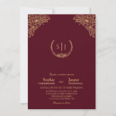 Burgundy Gold Floral Formal Monogram Weddenschap Kaart (Voorkant)