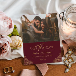 Burgundy Gold Floral Foto bewaart de Date Kaart