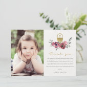 BURGUNDY GOLD FLORAL FOTO FIRST HOLY COMMUNION BEDANKKAART (Staand voorkant)