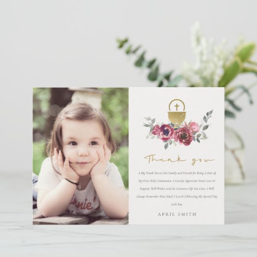 BURGUNDY GOLD FLORAL FOTO FIRST HOLY COMMUNION BEDANKKAART (Staand voorkant)