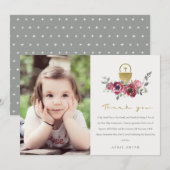 BURGUNDY GOLD FLORAL FOTO FIRST HOLY COMMUNION BEDANKKAART (Voorkant / Achterkant)