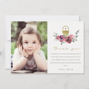 BURGUNDY GOLD FLORAL FOTO FIRST HOLY COMMUNION BEDANKKAART