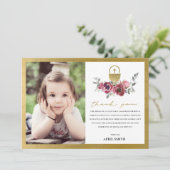 BURGUNDY GOLD FLORAL FOTO FIRST HOLY COMMUNION BEDANKKAART (Staand voorkant)