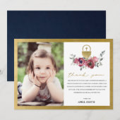BURGUNDY GOLD FLORAL FOTO FIRST HOLY COMMUNION BEDANKKAART (Voorkant / Achterkant)