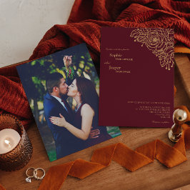 Burgundy Gold Floral Foto Weddenschap Kaart