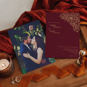 Burgundy Gold Floral Foto Weddenschap Kaart
