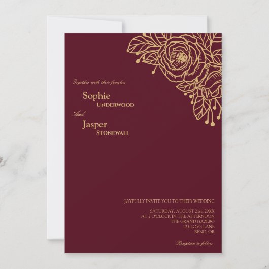 Burgundy Gold Floral Foto Weddenschap Kaart (Voorkant)