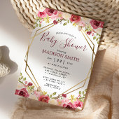 Burgundy Gold Floral Geometric Baby shower Kaart
