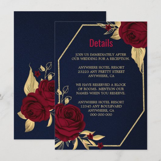 burgundy gold floral geometric navy blue details informatiekaartje (Voorkant / Achterkant)