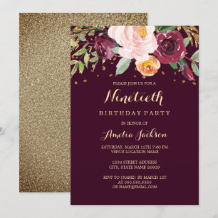 Burgundy Gold Floral Glitter 90th Birthday Party Kaart