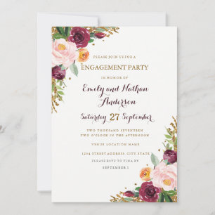 Burgundy Gold Floral Glitter Engagement Party Kaar Kaart