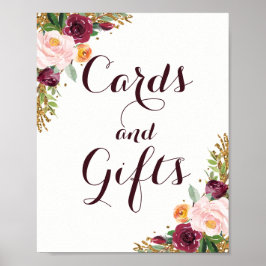 Burgundy Gold Floral Glitter Kaarten en Gifts Poster