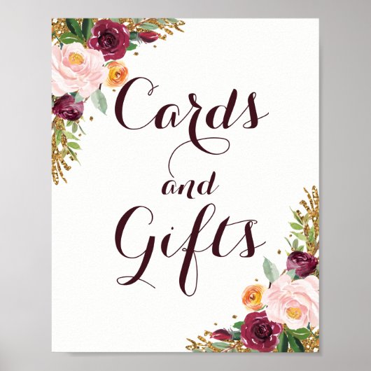 Burgundy Gold Floral Glitter Kaarten en Gifts Poster (Voorkant)