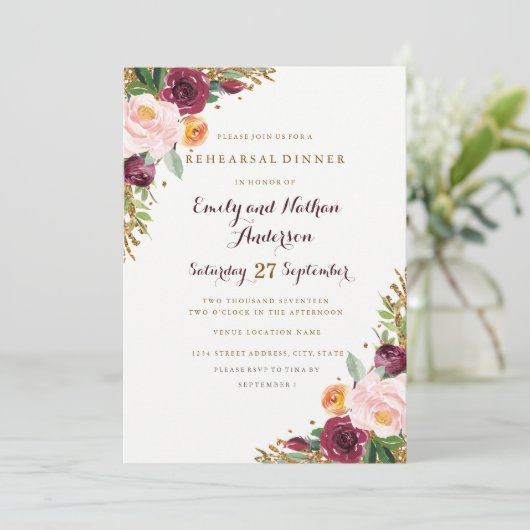 Burgundy Gold Floral Glitter Rehearsal Kaart (Staand voorkant)