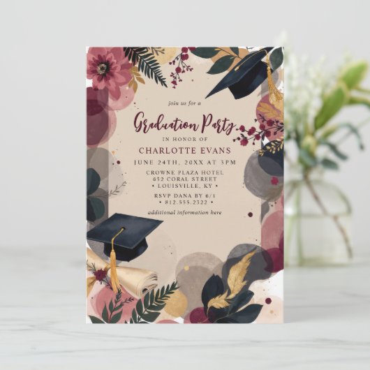 Burgundy Gold Floral Gradual Party Kaart (Staand voorkant)