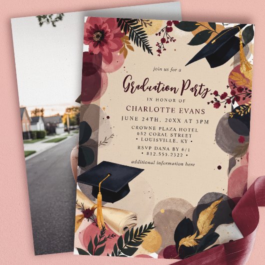 Burgundy Gold Floral Gradual Party Kaart