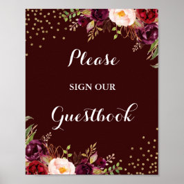 Burgundy Gold Floral Guestbook Weddenschap Poster