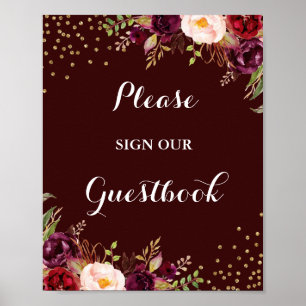 Burgundy Gold Floral Guestbook Weddenschap Poster