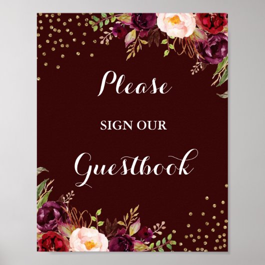 Burgundy Gold Floral Guestbook Weddenschap Poster (Voorkant)