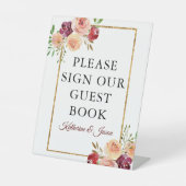 Burgundy Gold Floral herfst Weddenschap Reclamebord Met Voetstuk (Voorkant)
