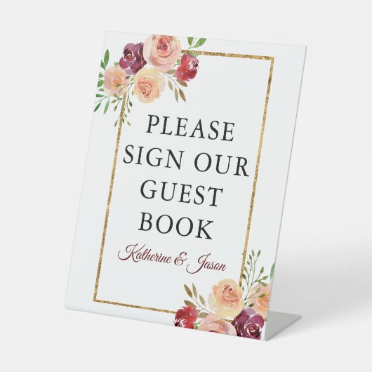 Burgundy Gold Floral herfst Weddenschap Reclamebord Met Voetstuk (Voorkant)