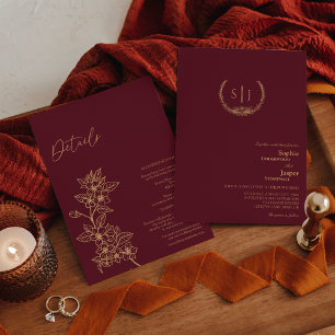 Burgundy Gold Floral Monogram in één huwelijk Kaart