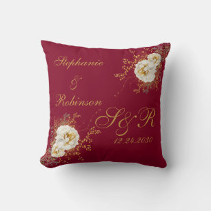 Burgundy Gold Floral Monogram Logo Weddenschap Kussen