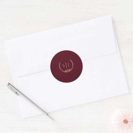Burgundy Gold Floral Monogram Wedding Sticker (Envelop)