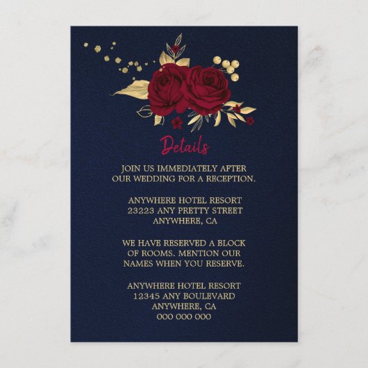 burgundy gold floral navy blue details informatiekaartje (Voorkant)