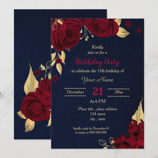 burgundy gold floral navy blue - jarig feest kaart (Voorkant / Achterkant)