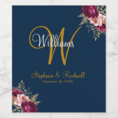 Burgundy Gold Floral Navy Blue Monogram Weddenscha Wijn Etiket (Enkel label)