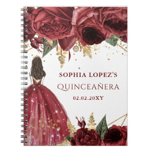 Burgundy Gold Floral Princess Quinceanera Notitieboek