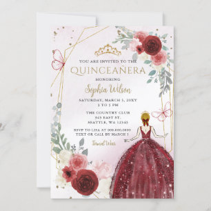Burgundy Gold Floral Princess Quinceañera Quince Kaart