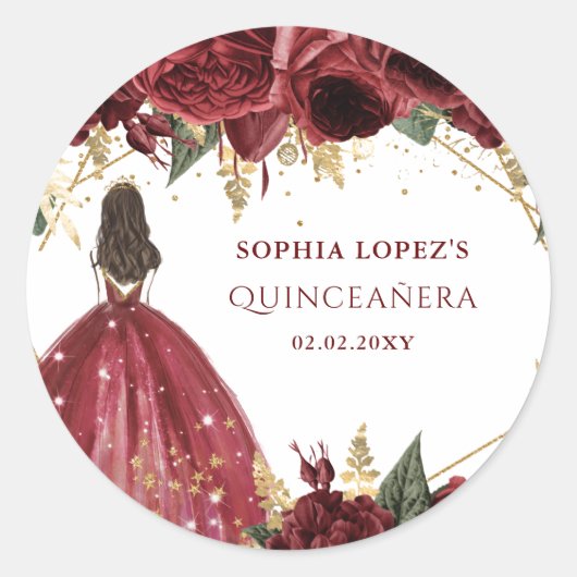 Burgundy Gold Floral Princess Quinceanera Ronde Sticker (Voorkant)