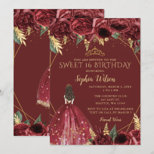 Burgundy Gold Floral Princess Sweet 16 Kaart