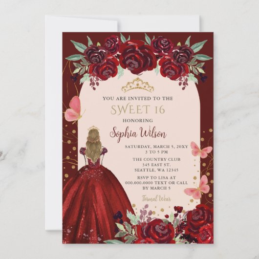 Burgundy Gold Floral Princess Sweet 16 Kaart (Voorkant)