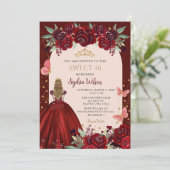 Burgundy Gold Floral Princess Sweet 16 Kaart (Staand voorkant)