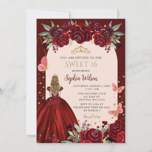 Burgundy Gold Floral Princess Sweet 16 Kaart