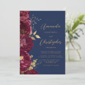 Burgundy Gold Floral QR Code Wedding Kaart (Staand voorkant)