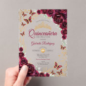 Burgundy Gold Floral Quinceanera Acryl Uitnodigingen (Insitu (Draagbaar))