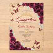 Burgundy Gold Floral Quinceanera Acryl Uitnodigingen (Voorkant)