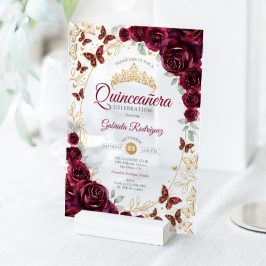 Burgundy Gold Floral Quinceanera Acryl Uitnodigingen