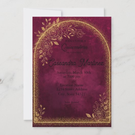 Burgundy & Gold Floral Quinceanera Invitation Kaart (Voorkant)