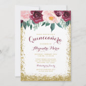 Burgundy Gold Floral Quinceanera Kaart (Voorkant)